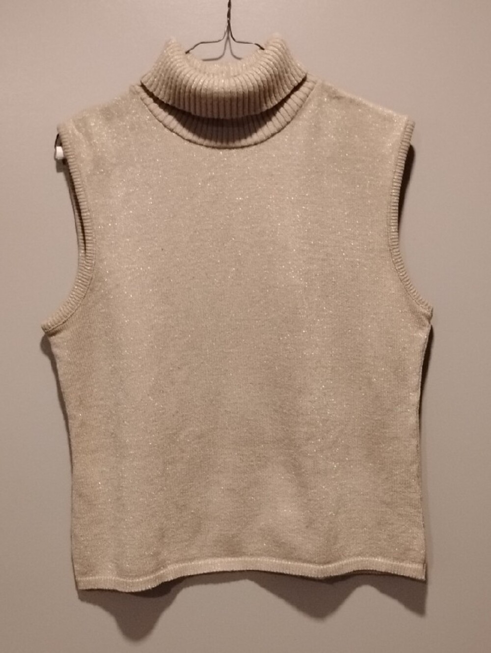 Shimmer Turtleneck Sleeveless Knit Sweater Vest in Cream